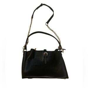 Chic Black Vegan Leather Bucket Bag/Satchel with Gold Chain Accents